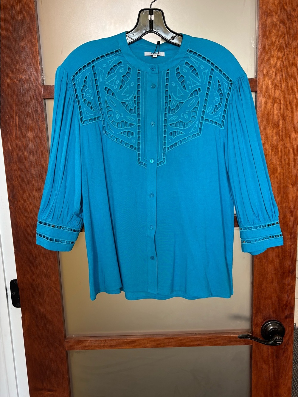 SUNCOO Teal Button-Front Blouse with Cutwork Yoke